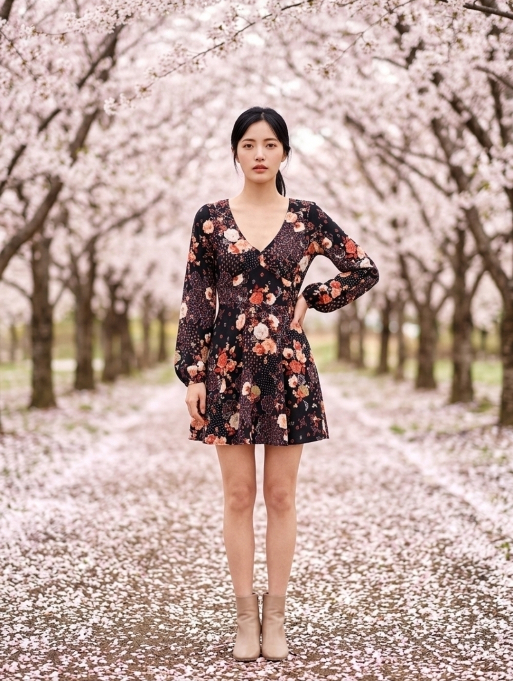 Abercrombie & Fitch Black and Orange Floral Long Sleeve Dress